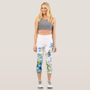 White and blue forget me nots floral capri leggings