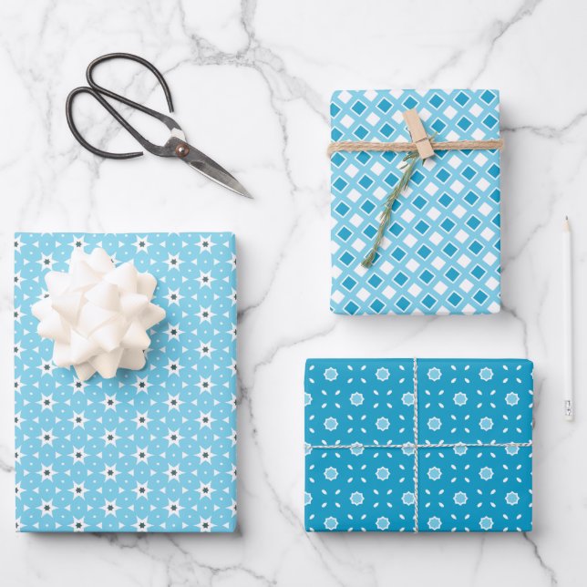 White and Blue Geometric Forms Wrapping Paper Sheet (Front)