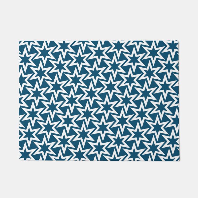White and Blue Geometric Star Pattern Doormat (Front)