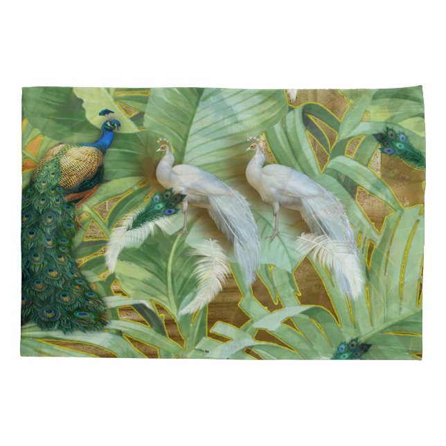 White and Blue-green Royal Peacocks Pillowcase (Back)
