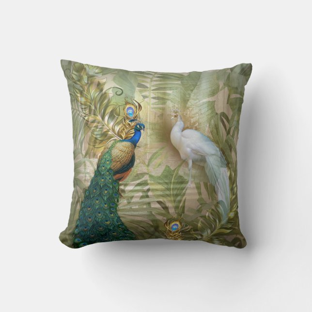 White and Blue-green Royal Peacocks Throw Pillow (Front)
