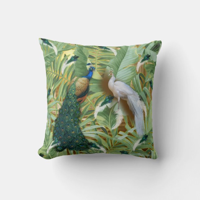 White and Blue-green Royal Peacocks Throw Pillow (Front)