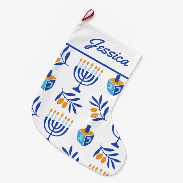 White and Blue Menorah & Dreidel Hanukkah Stocking (Front (Hanging))