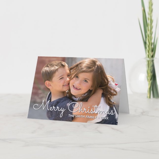 White and Blue Merry Christmas Family Photo Holiday Card (Front)