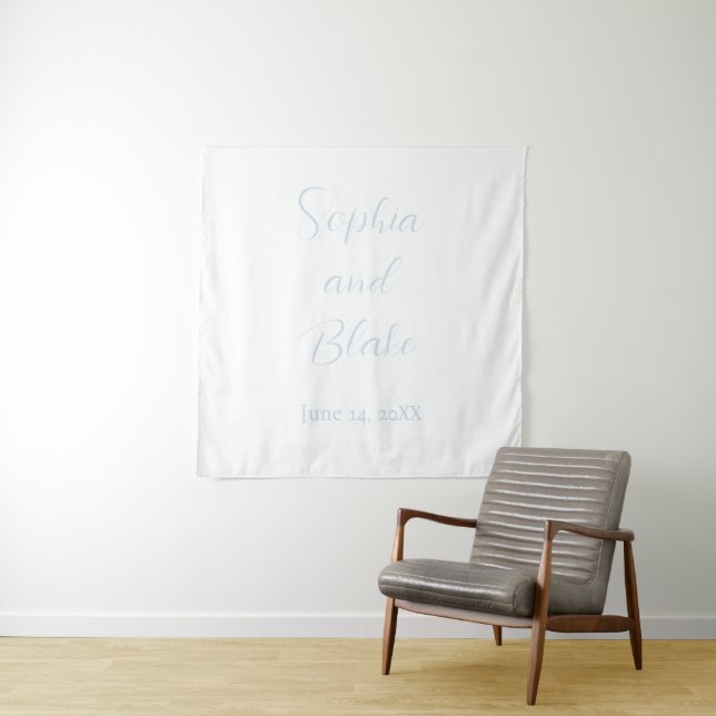 White and Blue Minimalist Celestial Wedding Tapestry (In Situ)