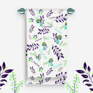 White and Blue Mushrooms Pattern Custom Baby Name  Hand Towel