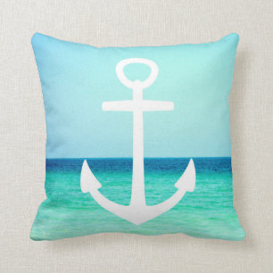 White and Blue Nautical Anchor Pillow