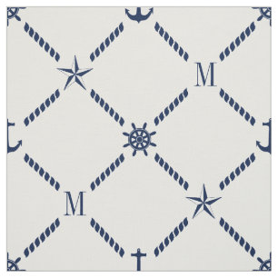 White and Blue Nautical Monogram Fabric