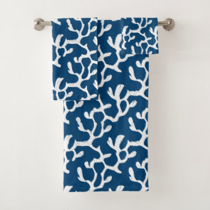 White And Blue Organic Coral Reef Repeat Pattern Bath Towel Set
