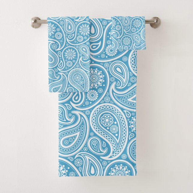 White and blue paisley pattern bath towel set (Insitu)