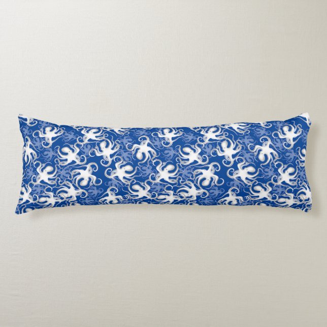 White And Blue Repeating Motif | Octopus Pattern Body Pillow (Front)