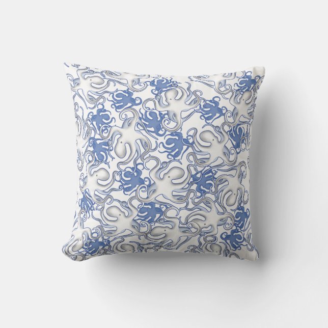 White And Blue Repeating Motif | Octopus Pattern Throw Pillow (Front)