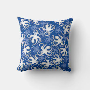 White And Blue Repeating Motif   Octopus Pattern Throw Pillow