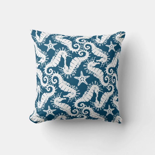 White And Blue Repeating Motif | Seahorse Pattern Throw Pillow (Front)