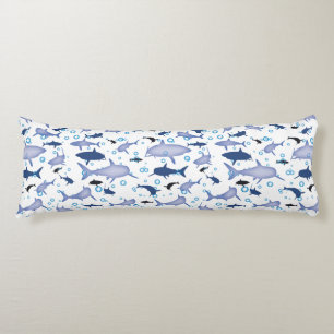 White And Blue Repeating Motif Shark Pattern Body Pillow