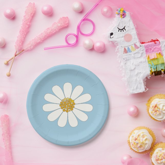 White and Blue Retro Modern Daisy Flower  Paper Plate (Party)