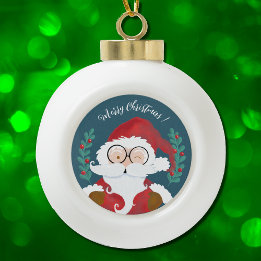 White and Blue Santa Christmas Ball Ornament