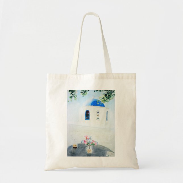 white and blue Santorini church Tote Bag (Front)