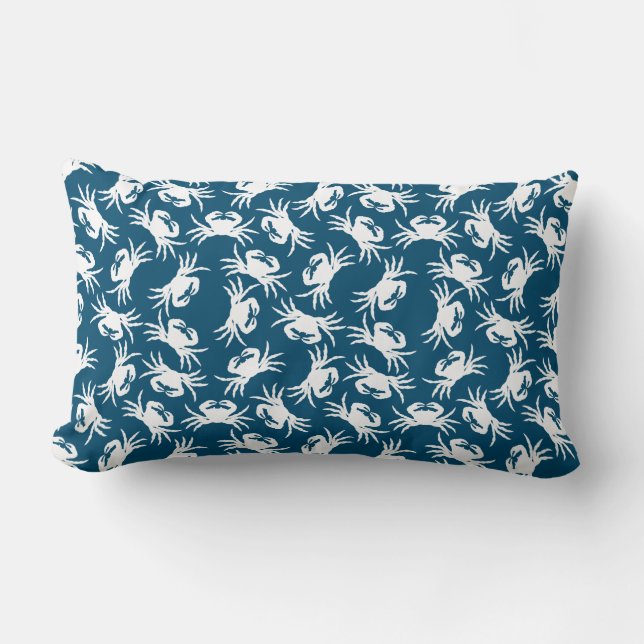 White and Blue Seamless Crab Pattern Lumbar Pillow (Front)