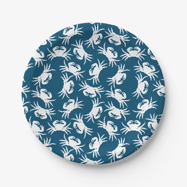 White and Blue Seamless Crab Pattern Paper Plate (Front)