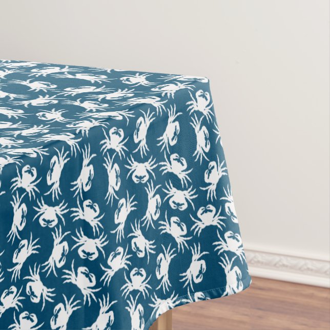 White and Blue Seamless Crab Pattern Tablecloth (In Situ)
