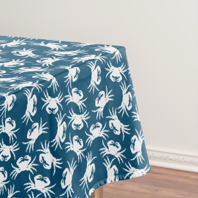 White and Blue Seamless Crab Pattern Tablecloth (In Situ)