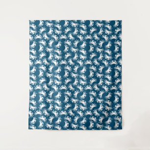 White and Blue Seamless Crab Pattern Tapestry