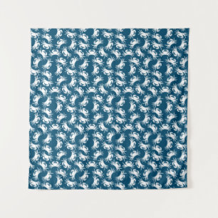 White and Blue Seamless Crab Pattern Tapestry