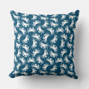 White and Blue Seamless Crab Pattern Throw Pillow