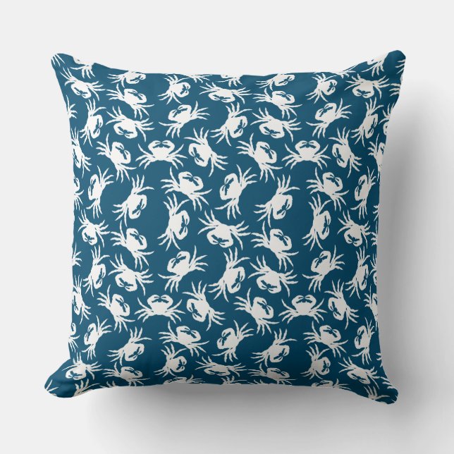 White and Blue Seamless Crab Pattern Throw Pillow (Front)