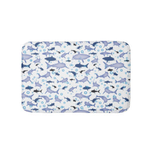 White and Blue Shark Silhouette Pattern Bath Mat