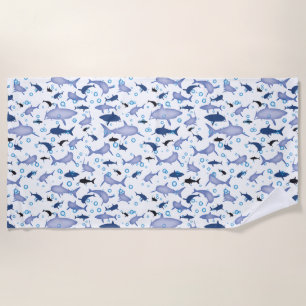 White and Blue Shark Silhouette Pattern Beach Towel