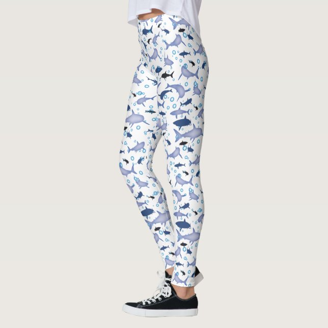White and Blue Shark Silhouette Pattern Leggings (Left)