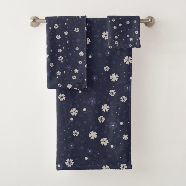 White and blue small Japanese flowers pattern Bath Towel Set (Insitu)