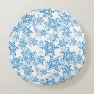 White and Blue Snowflake Seamless Pattern Round Pillow