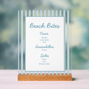 White and Blue Stripe Beach Club Cabana Beach Menu Acrylic Sign
