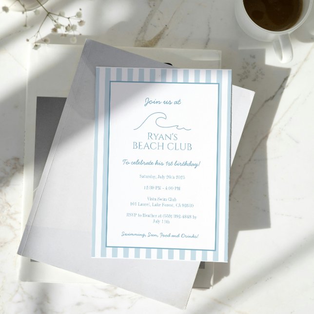 White and Blue Stripe Beach Club Cabana Birthday  Invitation (Creator Uploaded)