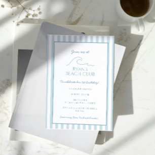 White and Blue Stripe Beach Club Cabana Birthday  Invitation