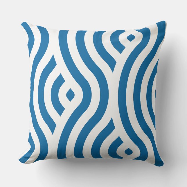 White and Blue Striped Wave Pattern Throw Pillow (Front)