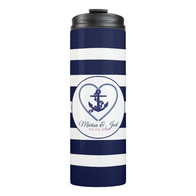 White And Blue Stripes And Anchor Thermal Tumbler (Front)