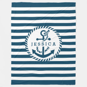 White And Blue Stripes And Nautical Boat Anchor 2 Fleece Blanket