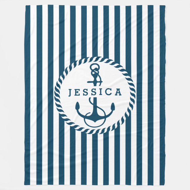 White And Blue Stripes And Nautical Boat Anchor Fleece Blanket (Front)