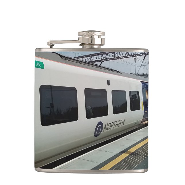 White and blue train  hip flask (Front)