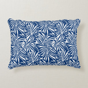 White And Blue Tropical Leaf Repeating Pattern Accent Pillow