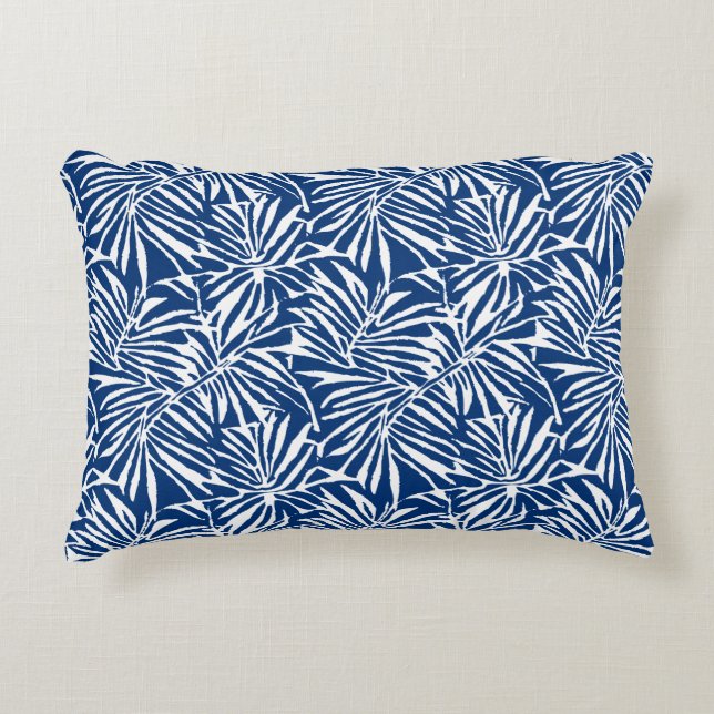 White And Blue Tropical Leaf Repeating Pattern Accent Pillow (Front)