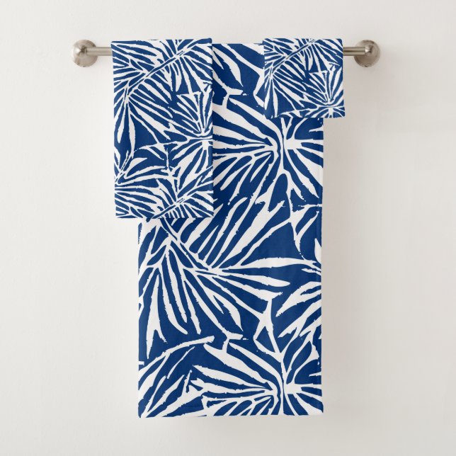 White And Blue Tropical Leaf Repeating Pattern Bath Towel Set (Insitu)