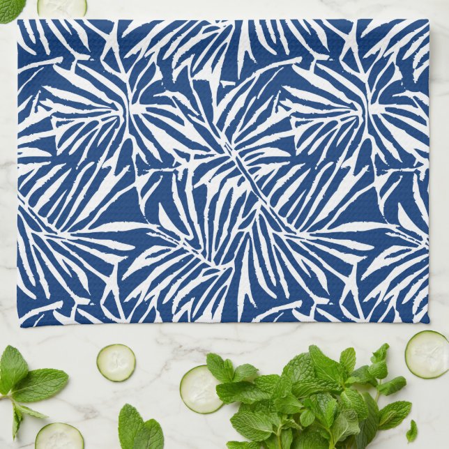 White And Blue Tropical Leaf Repeating Pattern Kitchen Towel (Folded)