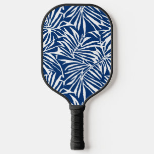 White And Blue Tropical Leaf Repeating Pattern Pickleball Paddle