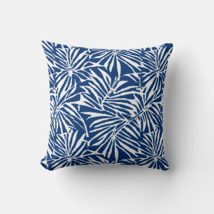 White And Blue Tropical Leaf Repeating Pattern Throw Pillow