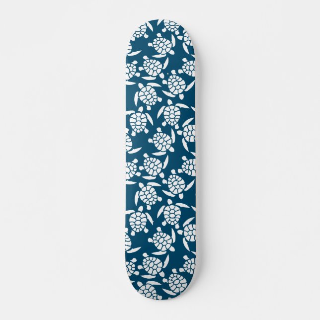 White and Blue Turtle Silhouette Pattern Skateboard (Front)